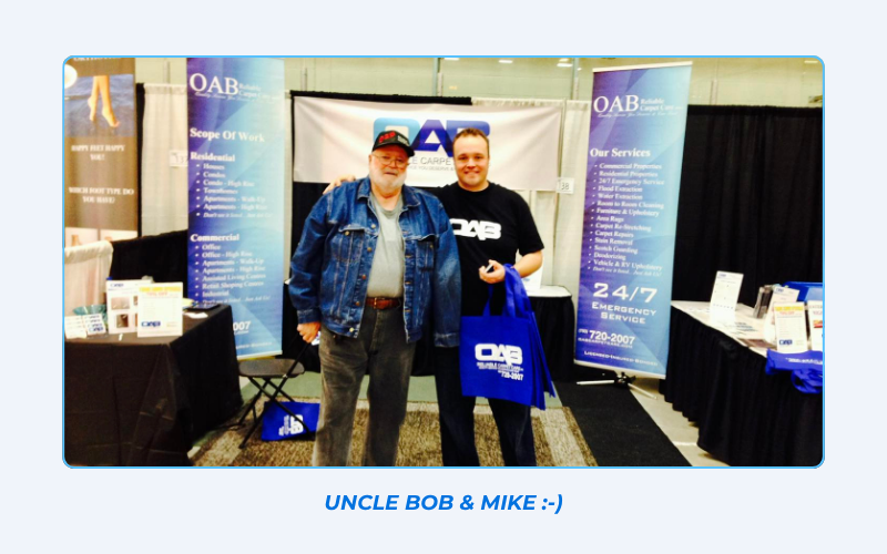 OAB Reliable Carpet Care owner Michael Mackay with Uncle Bob at Fort Saskatchewan trade show
