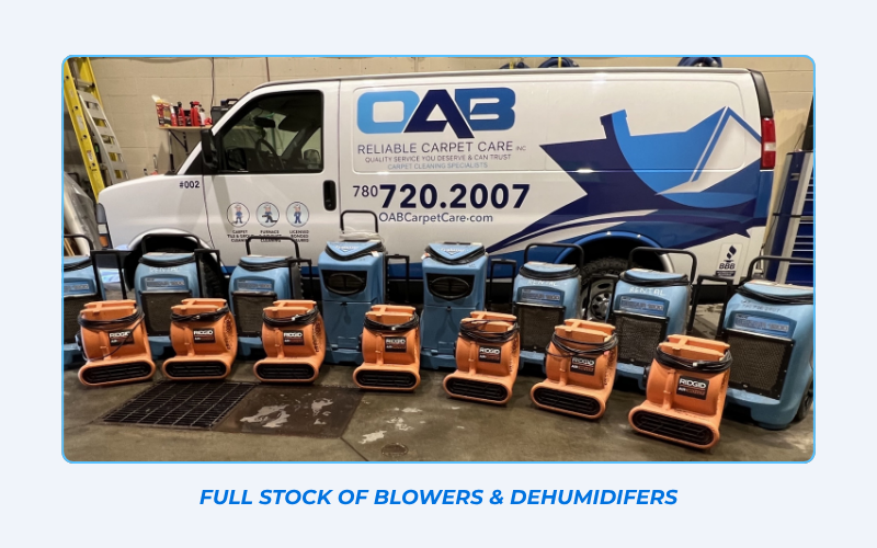 OAB Reliable Carpet Care van with professional dehumidifiers for carpet drying in Edmonton