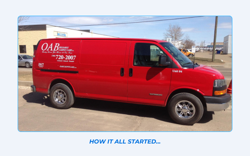 The original OAB Reliable Carpet Care red cleaning van from our early years in Edmonton