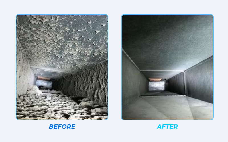 Heavily soiled air duct before professional debris removal in Edmonton
