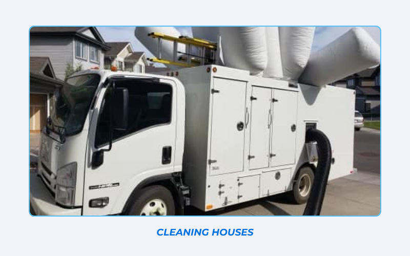 Residential furnace and air duct cleaning truck at a job site in Edmonton